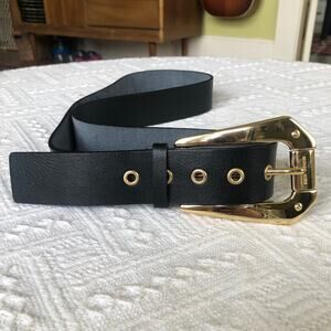 Michael Kors Black Leather Belt Women's Large Gold Tone Buckle Classic Old Money